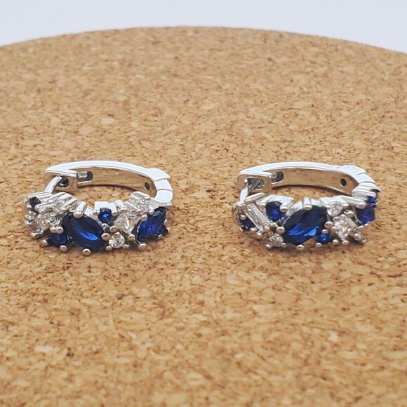 925 Silver Womens 1ct Diamond 2ct Blue Sapphire Gemstone Small Hoop Earrings NEW - Picture 6 of 7
